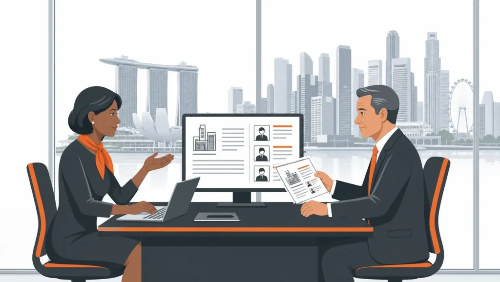 Corestaff Singapore HR consultant advising an employer on EP and S Pass 2027 thresholds in a modern CBD office