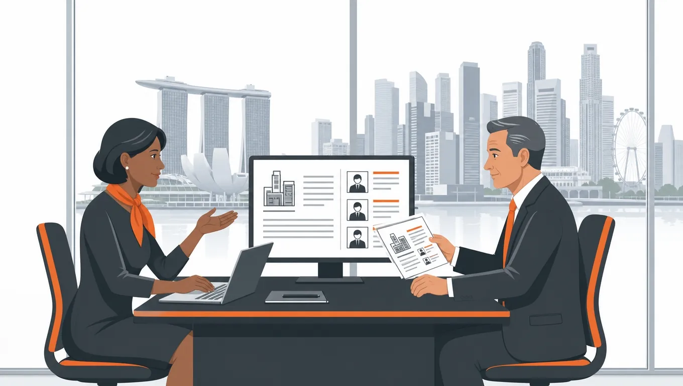 Singapore EP and S Pass 2027 Employer Playbook Corestaff Singapore HR consultant advising an employer on EP and S Pass 2027 thresholds in a modern CBD office