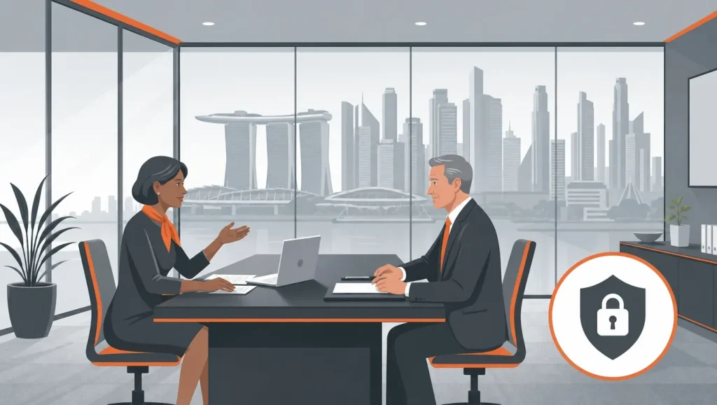 Two senior executive figures in Singapore CBD boardroom with confidential search icon