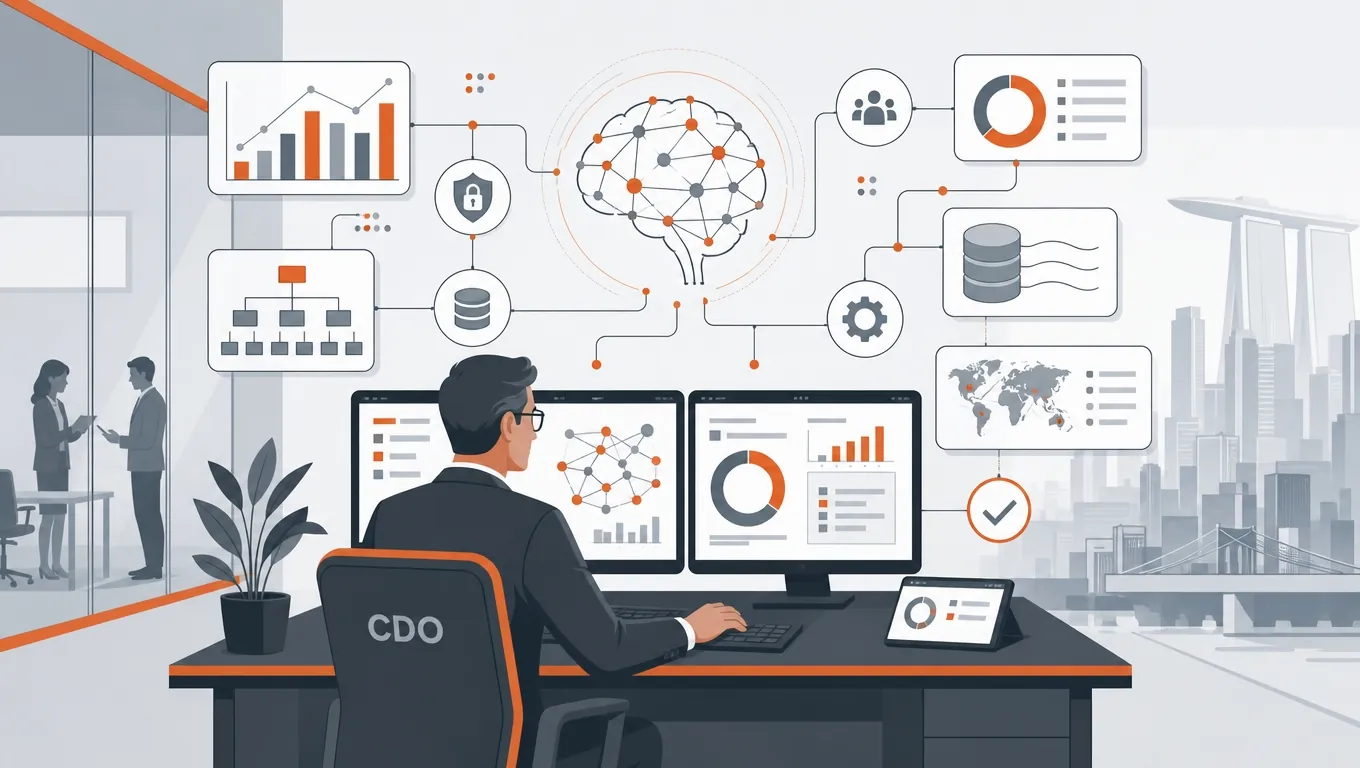 Chief Data Officer at workstation with neural network and data governance dashboard
