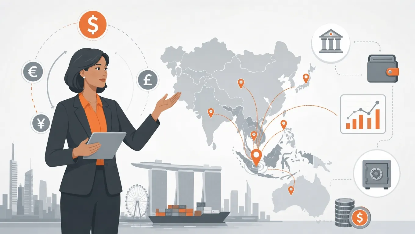 Finance chief figure standing beside Asia region map with FX and treasury icons