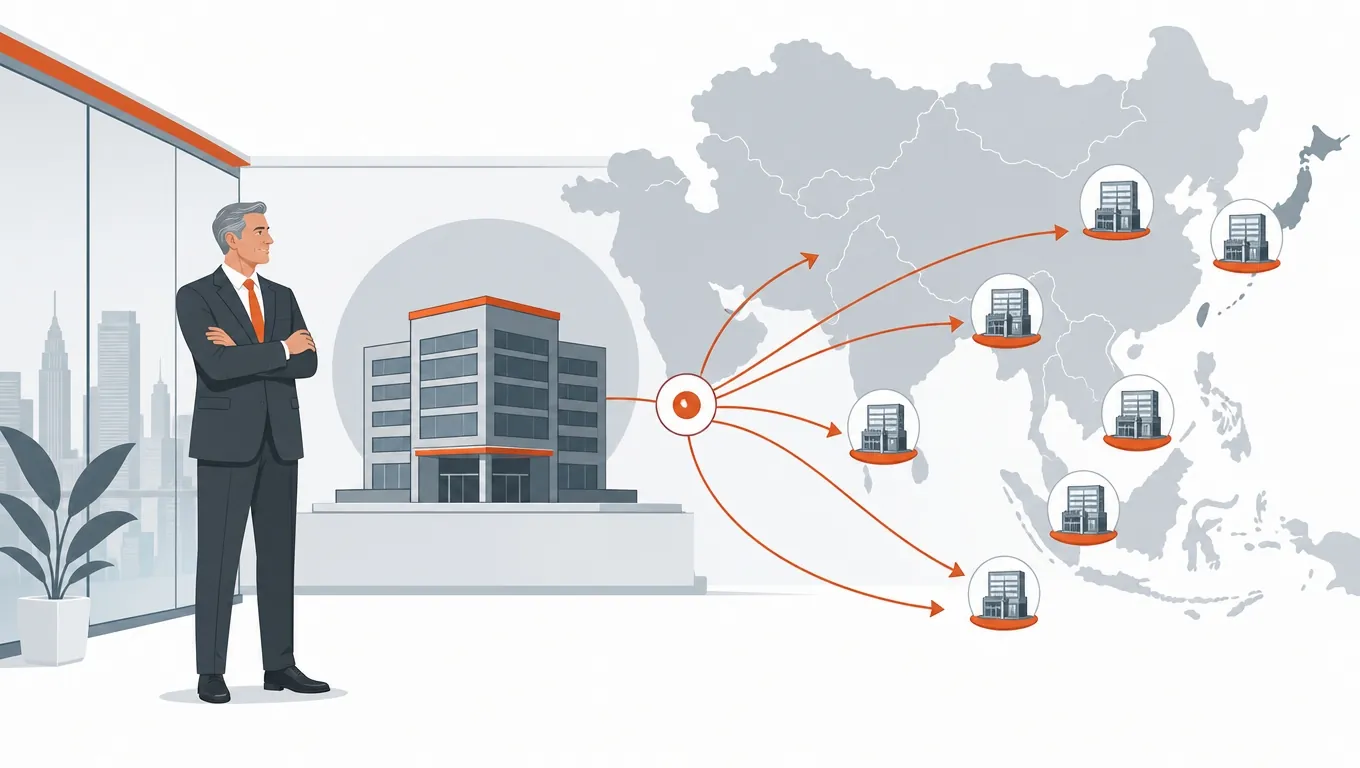 Country Head figure beside subsidiary and regional expansion building icons