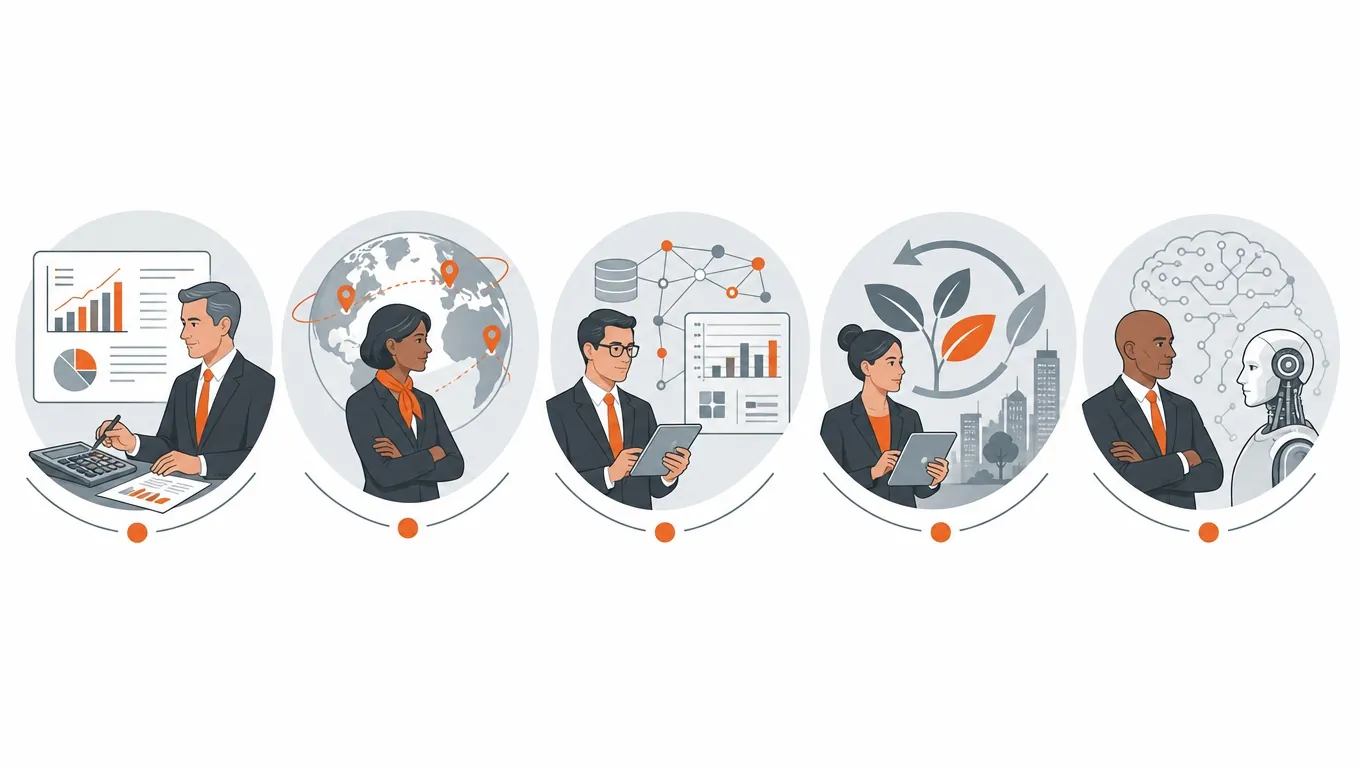 Five C-suite mandate role icons for CFO, Country Head, CDO, CSO and Head of AI