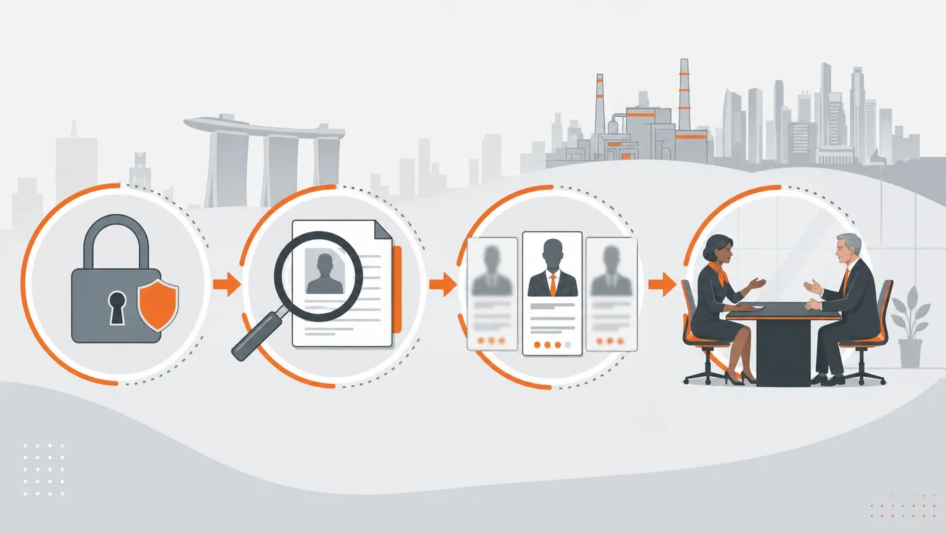 Confidentiality lock, blurred candidate profile and structured interview scene