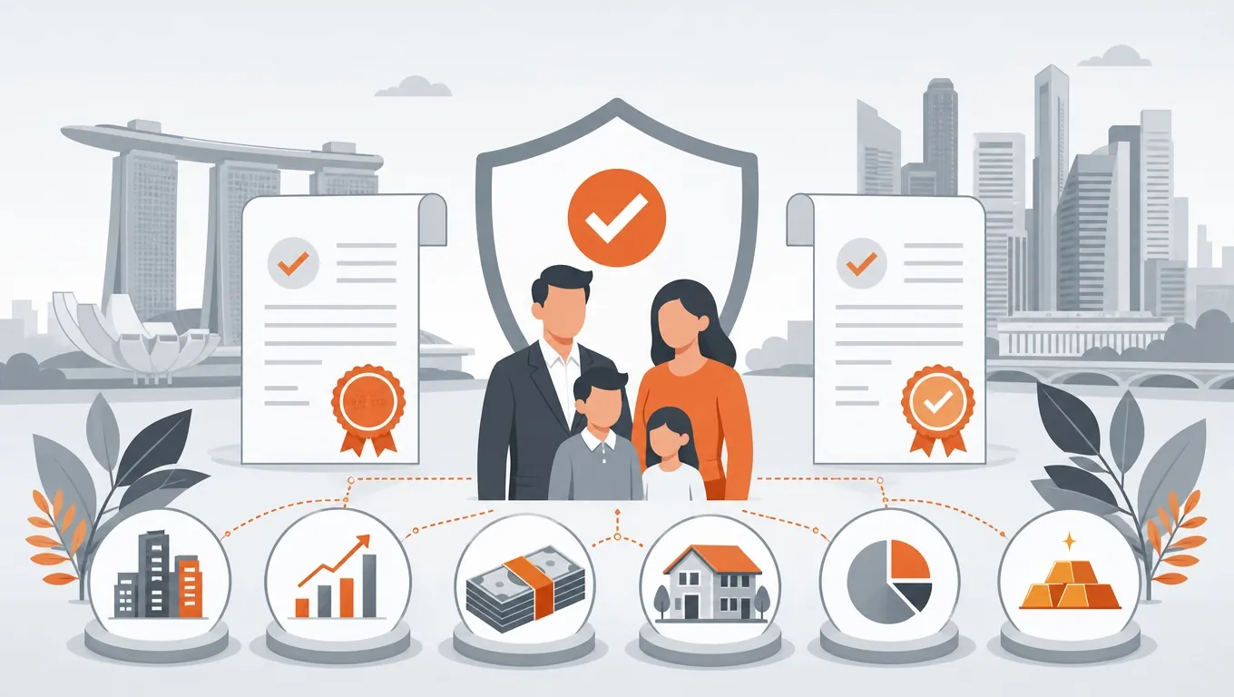 Singapore tax incentive document and family wealth symbol with multi-asset portfolio