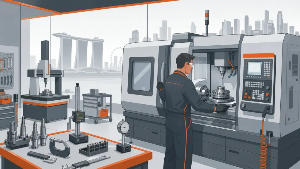 CNC machinist operating a multi-axis CNC machine in a precision engineering workshop