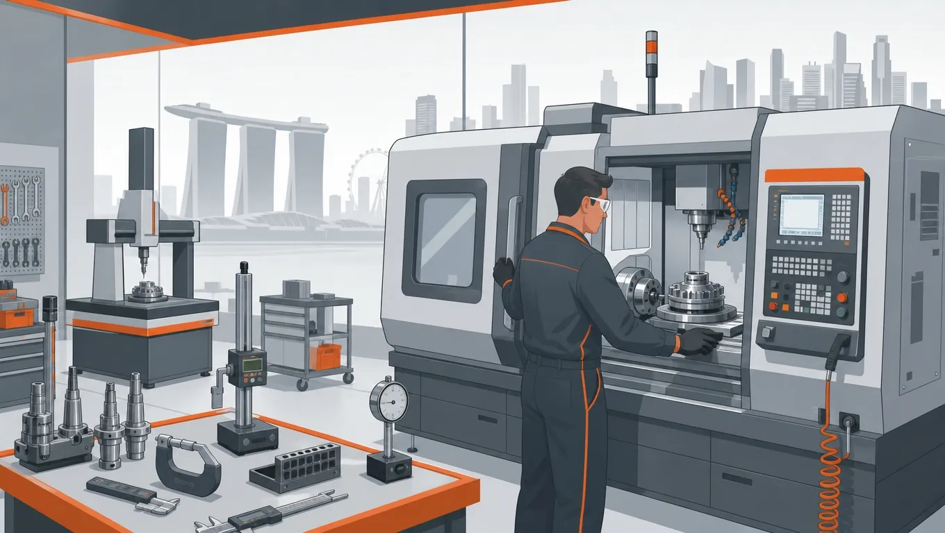 CNC machinist operating a multi-axis CNC machine in a precision engineering workshop
