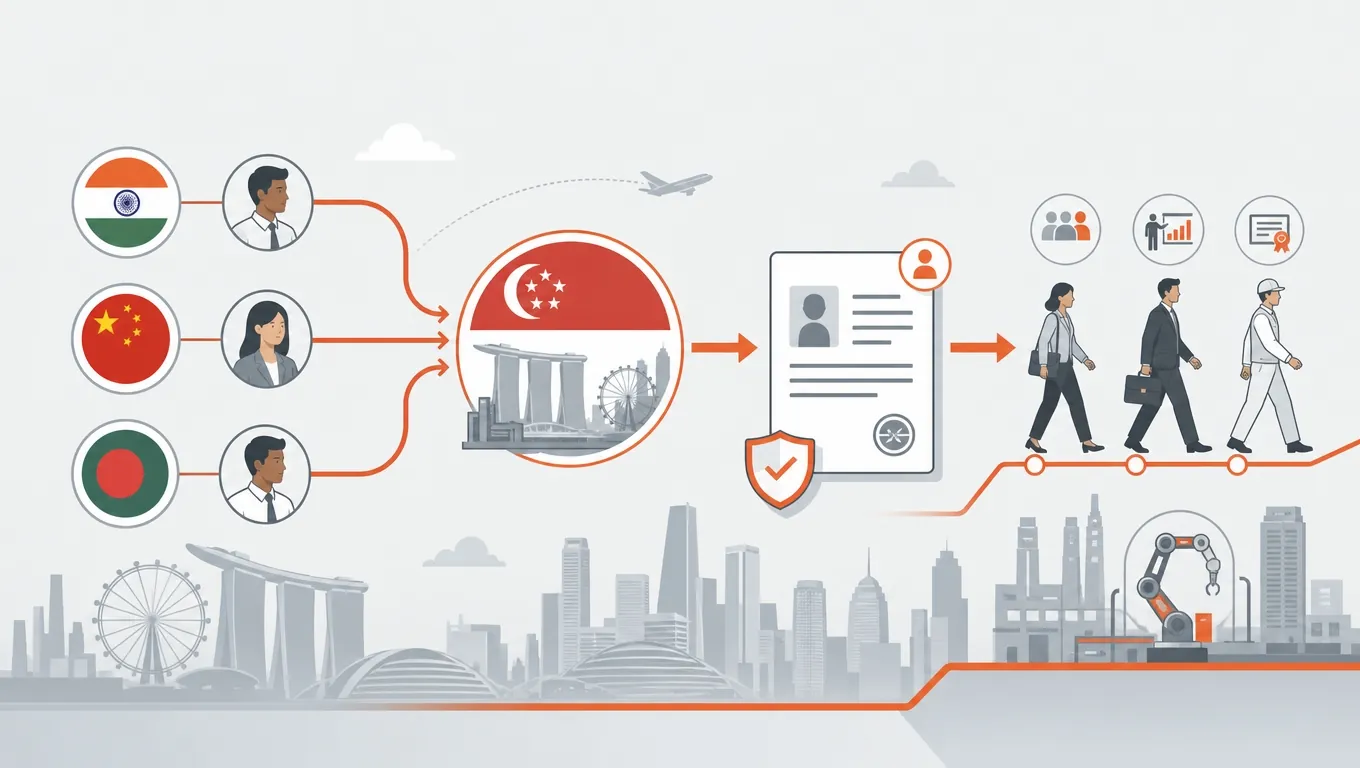 Foreign talent sourcing visual with India, China and Bangladesh flags flowing into Singapore