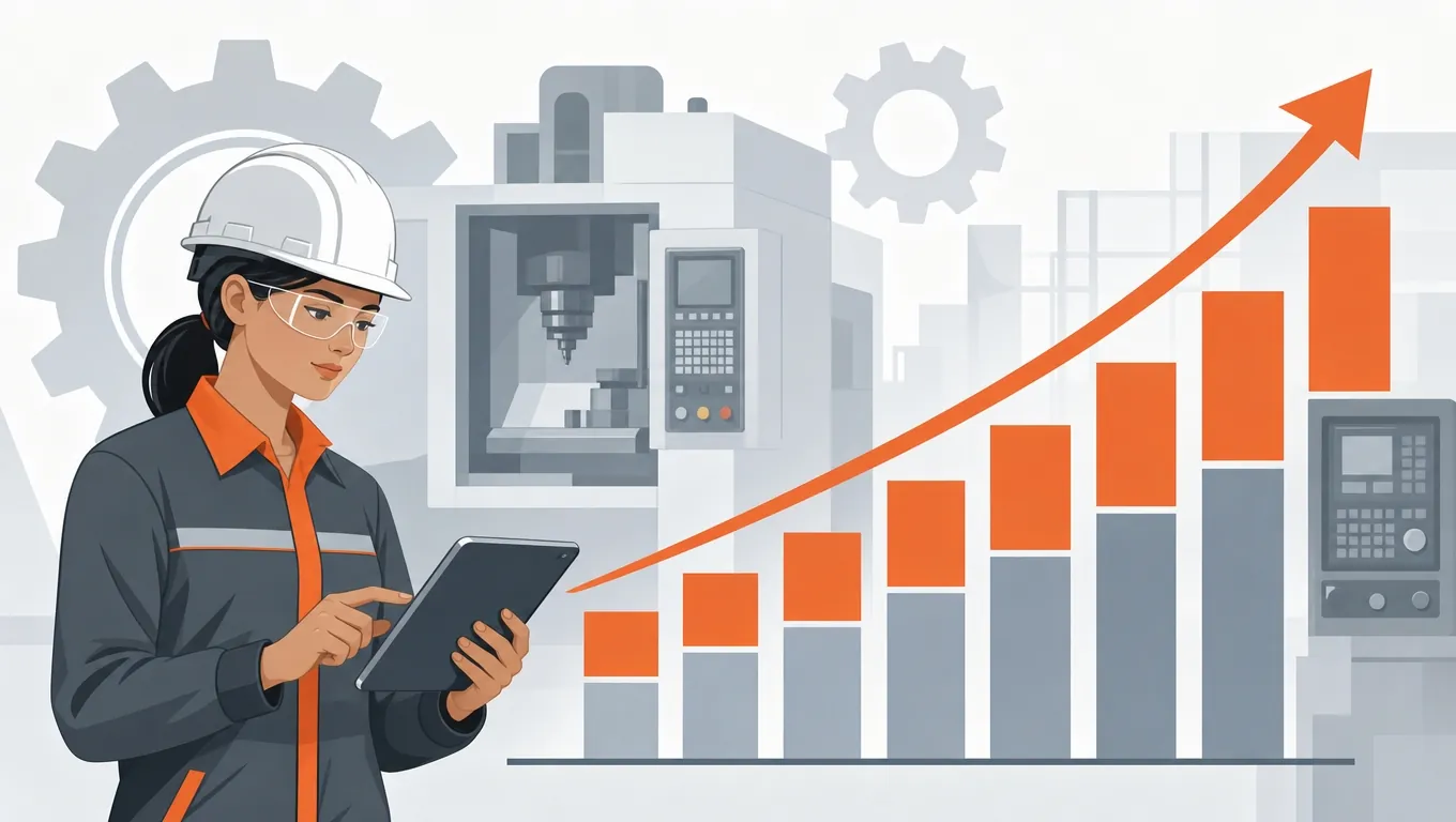 Rising salary band chart with precision engineer reviewing a tablet