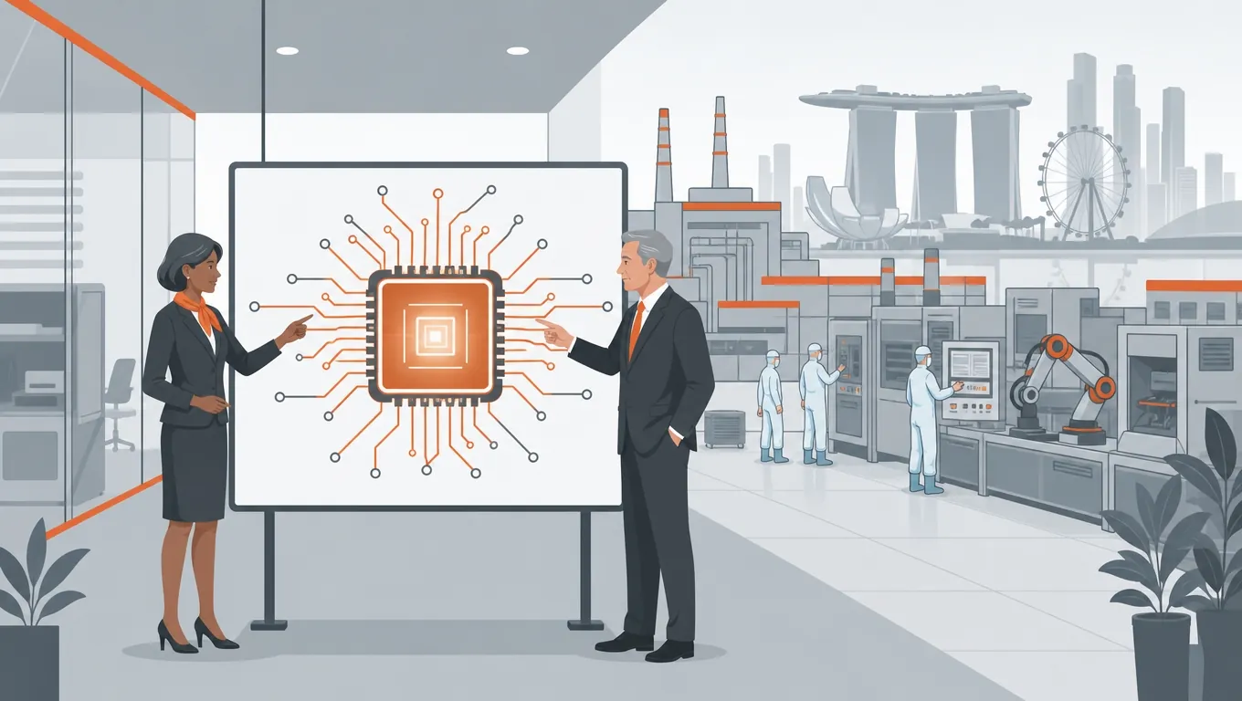 Executives pointing at a glowing chip representing EDB-anchored semiconductor facility announcement