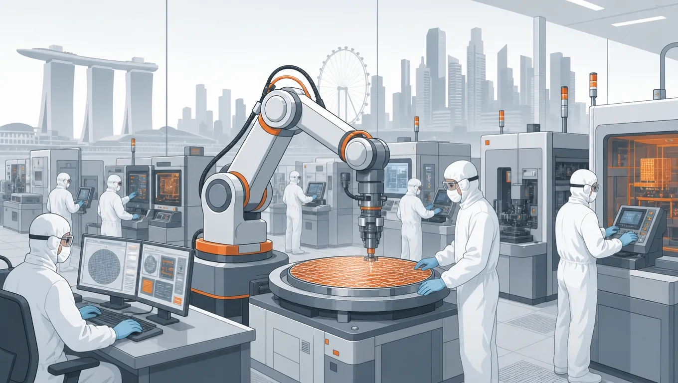 Engineers in cleanroom suits operating semiconductor fab equipment with robotic arm above a silicon wafer